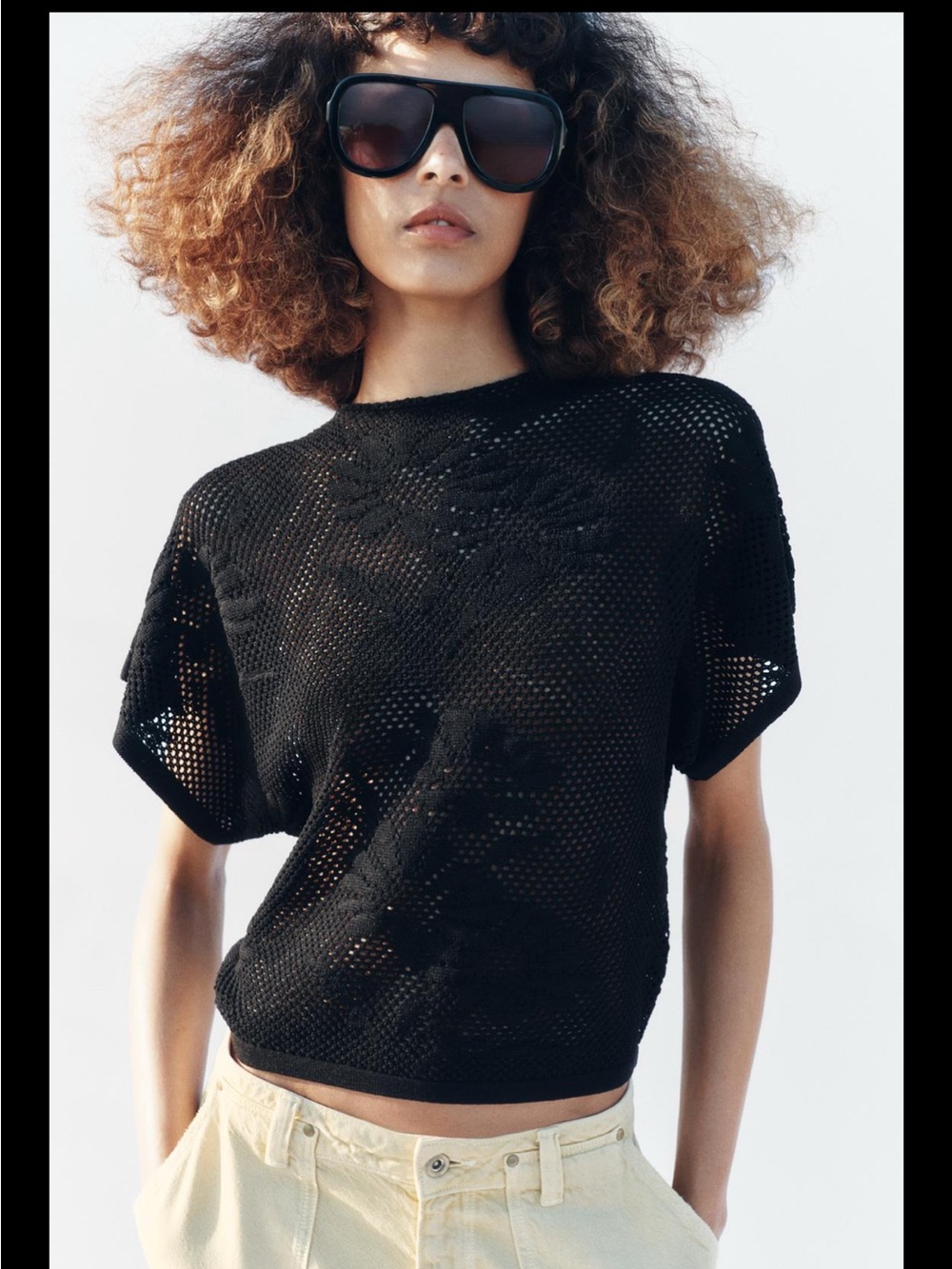 Zara Black Open-Knit Short Sleeve Top